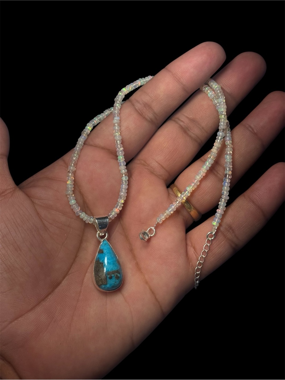 Natural Ethiopian Opal Beaded Necklace 3.5mm Natural Turquoise 925 Silver 18”